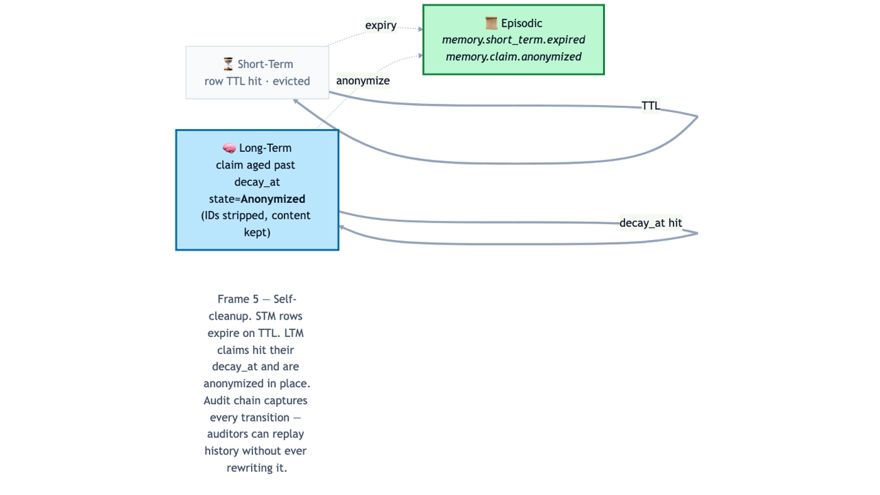Frame 5 of 5 — Decay. STM rows expire on TTL. LTM claims that pass decay_at are anonymized in place (IDs stripped, content kept). Audit chain captures every transition — auditors replay history without ever rewriting it.